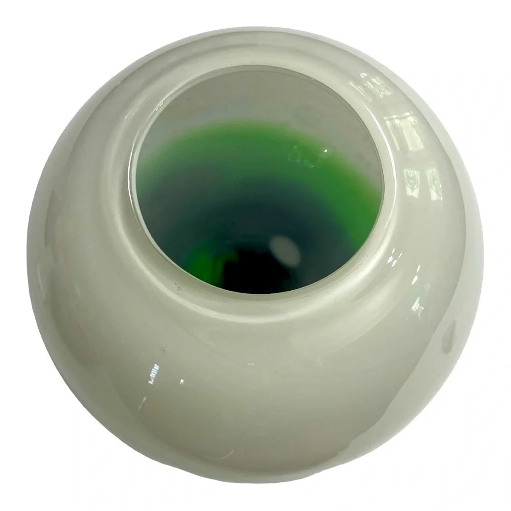 Italian Murano Style Hand Blown Art Glass Round Vase Green White Bubble 7